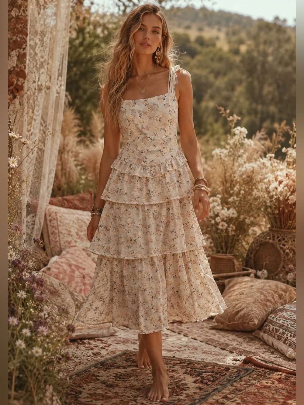 JUST ME | Evangeline Tiered Floral Midi Dress